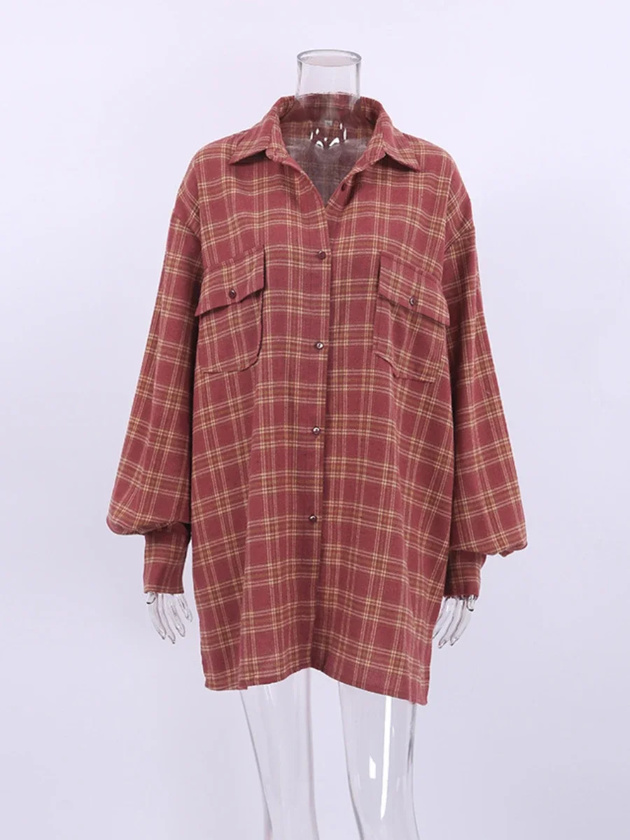 Wolfeel Autumn New Retro Red Checkered Shirt Women\'s Casual Loose Long Sleeved Top Oversized Plaid Shirt Female Cardigan Jacket