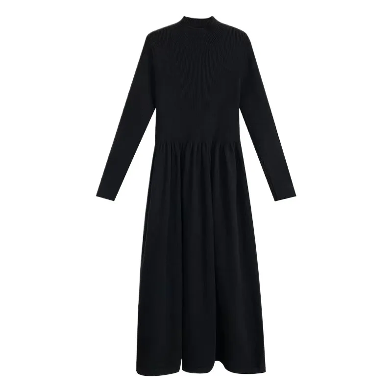 Francês preto malha camisola vestido novo cabido gola alta ruched emendado a linha vestido feminino versátil na moda camadas peça outono