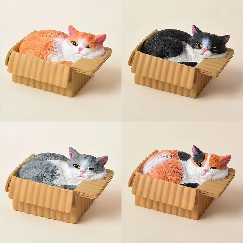 Cat in Cardboard Box - Adorable Healing Kitten Miniature Model Realistic Resin Statue Simulation Animal Decor