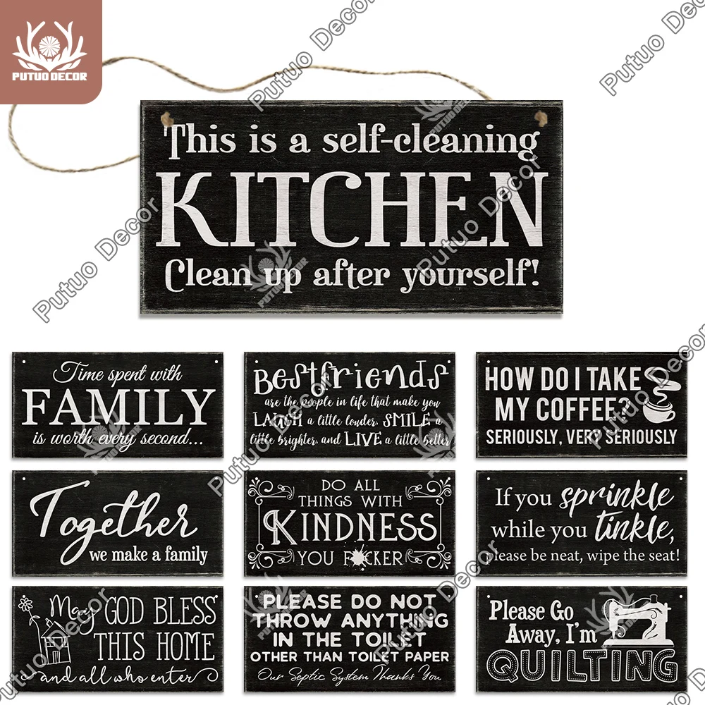 Putuo Decor Room Wooden Hanging Signs Wood Plaque for Family Signs Home Cafe Kitchen Bathroom Decoration Door Wall Hanging Decor