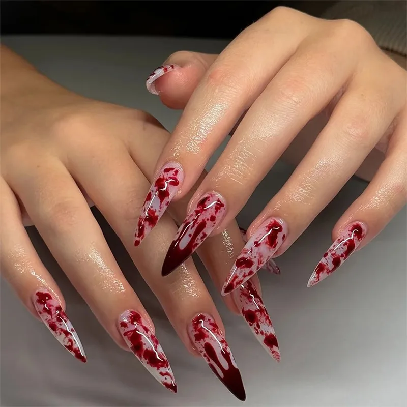 

24PCS Halloween Almond False Nails with Glue Blood Elements Red French Fake Nails European Stiletto Press on Nails Wearable Tips