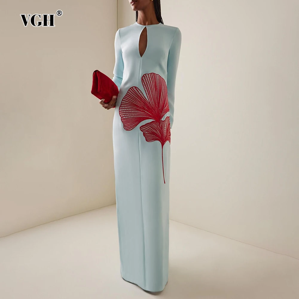VGH High End Slim Embroidery Designer Dresses for Women O Neck Patchwork Cut Out Evening Floor Length Dress Female Fashion Style