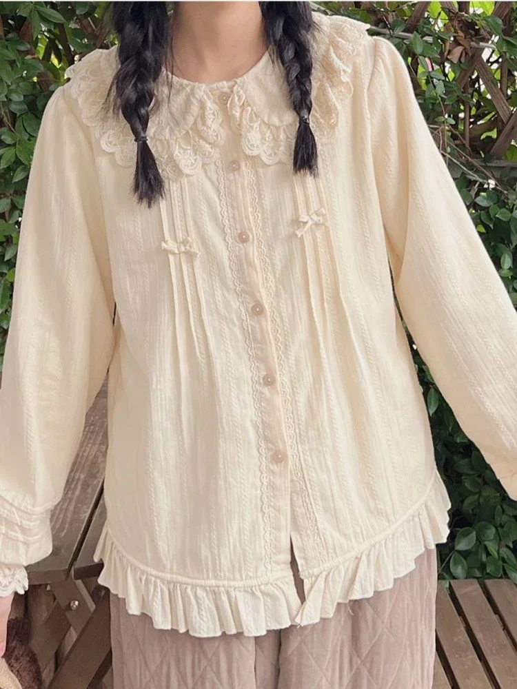 

Japanese Lolita Long Sleeve Shirt Women Autumn New Sweet Lace Bow Blouse Jk Kawaii Peter Pan Collar All Match Lady Casual Tops