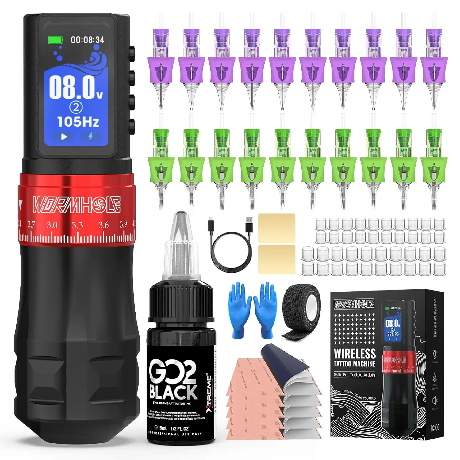 

Профессиональный набор для татуировок с аккумулятором 2300 мАч, беспроводная машинка, умный дисплей, 7 вариантов длины хода, включает чернила и иглы.