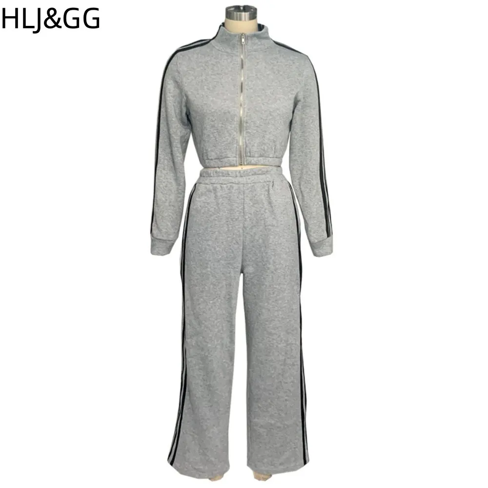 HLJ&GG Casual Stripe Print Wide Leg Pants Tracksuits Women Zip Long Sleeve Coat And Pocket Straight Pants Two Piece Sets Outfits