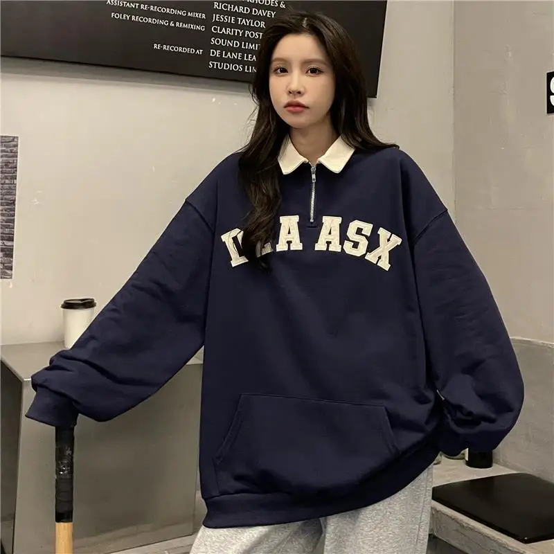 

Thin Polo Collar Half Zip Hoodies Letter Print Women Sweatshirt Autumn Vintage Female Hoodies Casual Long Sleeve Oversized Tops