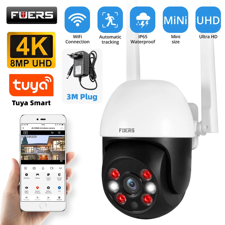 Fuers 5MP 8MP 10MP IP Camera Tuya Smart Outdoor Home Security Auto Tracking Human Detection Camera WIFI CCTV Surveillance Camera