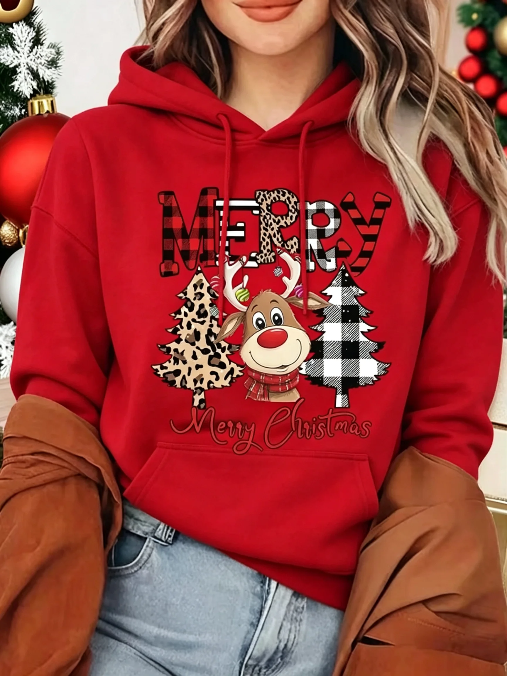 Cute Reindeer Leopard Print Women's Christmas Sweater - Casual Cartoon Christmas Tree Pattern Long-Sleeve Women's
