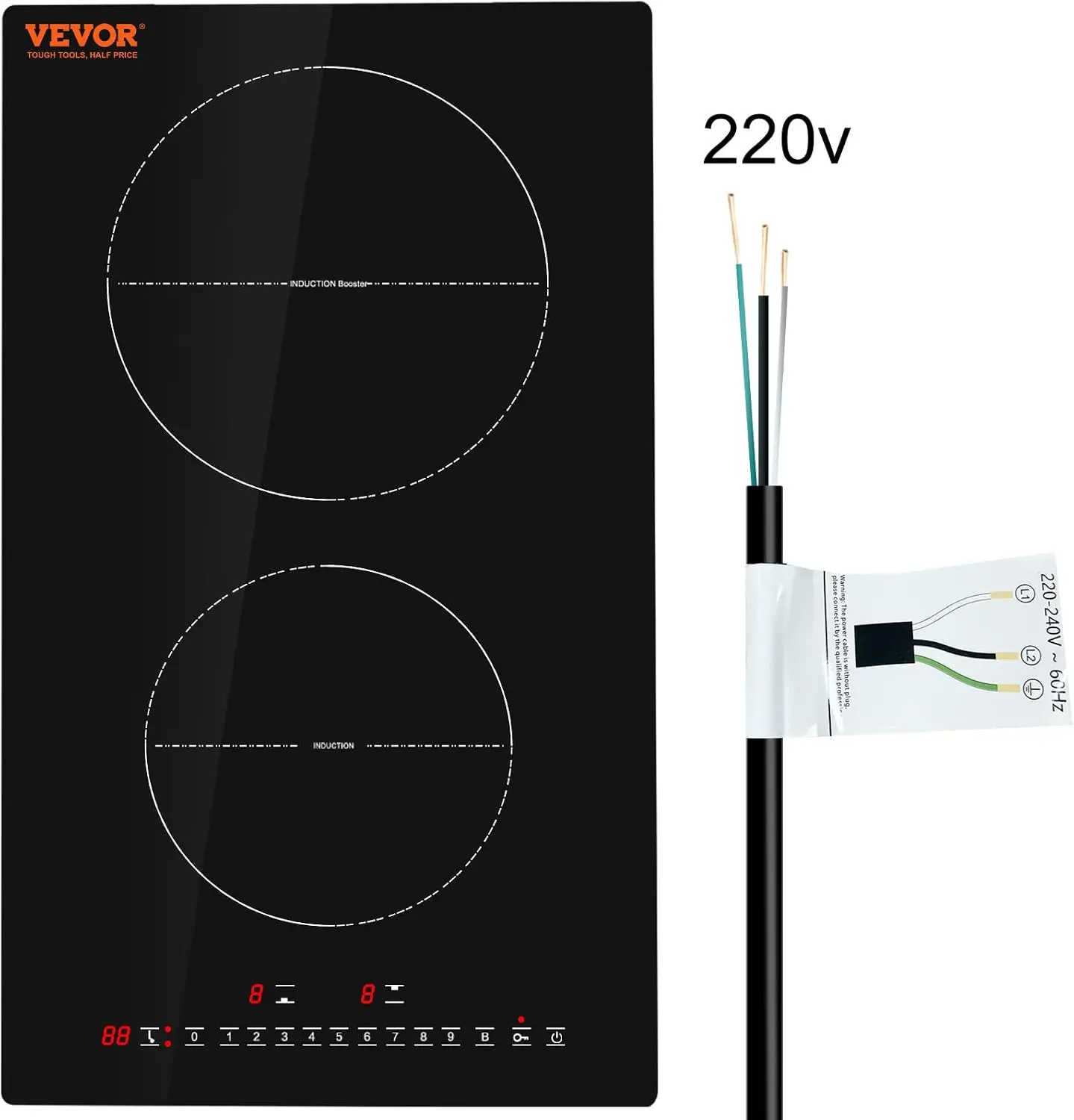 Electric Cooktop, 2 Burners, 12'' Induction Stove Top, Built-in Magnetic Cooktop 3000W, 9 Heating Level Multifunctional Burner,