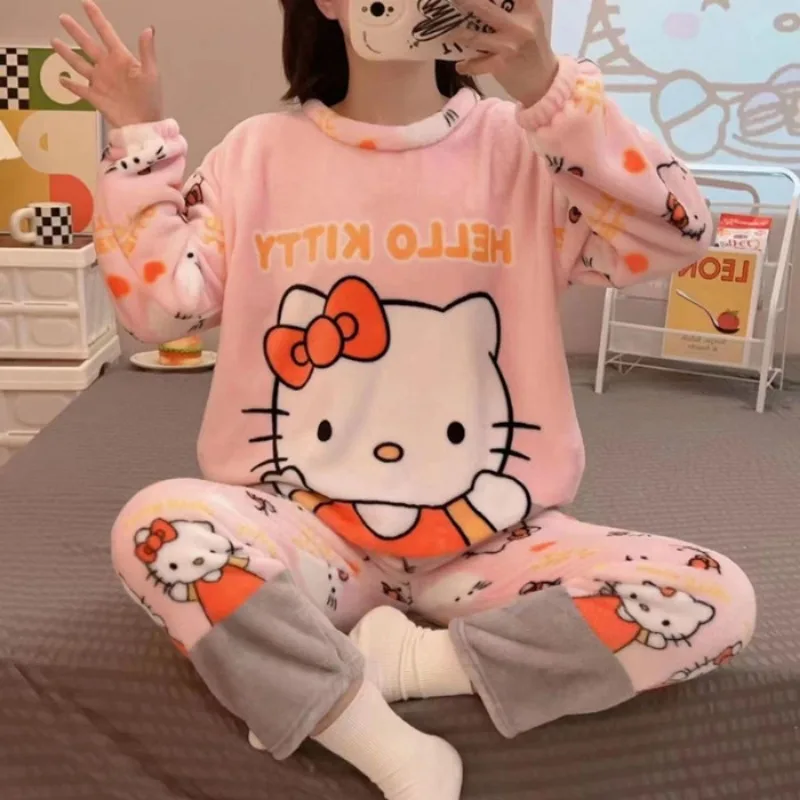 

Кавайная пижама Hello Kitty MINISO аниме милая девушка Студенческая фланелевая утепленная сохраняющая тепло время отдыха легкая одежда для отдыха новый костюм