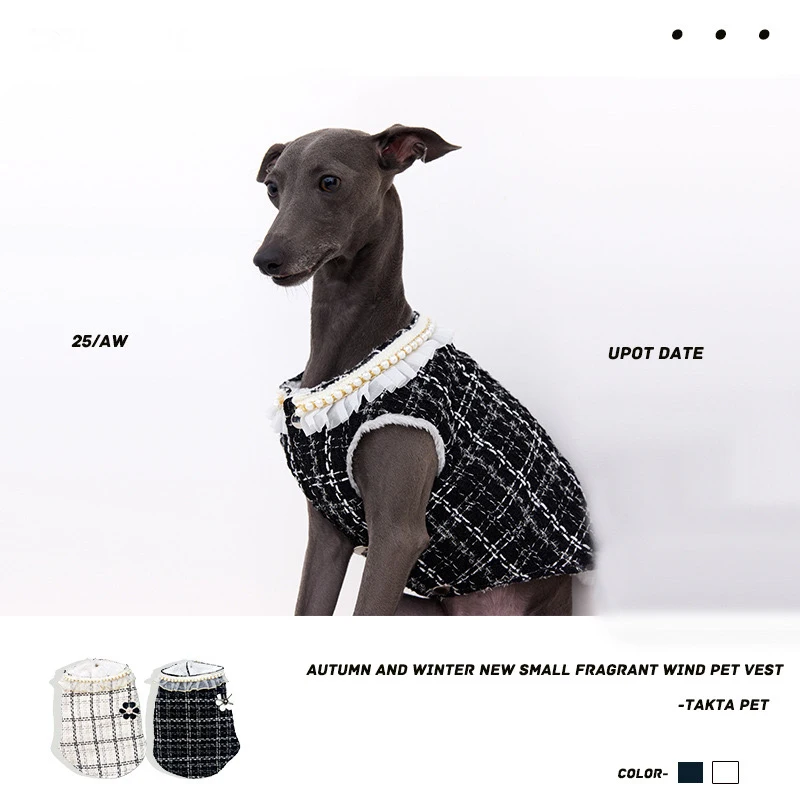 

Fragrant Black and White Plaid Clothes with Pearl For Female Whippet Italian Greyhound Luxury Female Dog Vest in Party