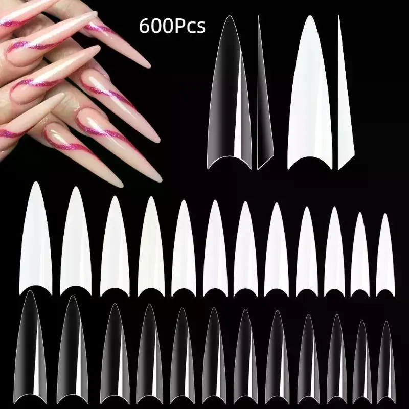 Faux ongles Stiletto à pression en acrylique, demi-couverture française, pointes de Gel, fournitures de manucure, outils d'extension, DIY, 600 pièces