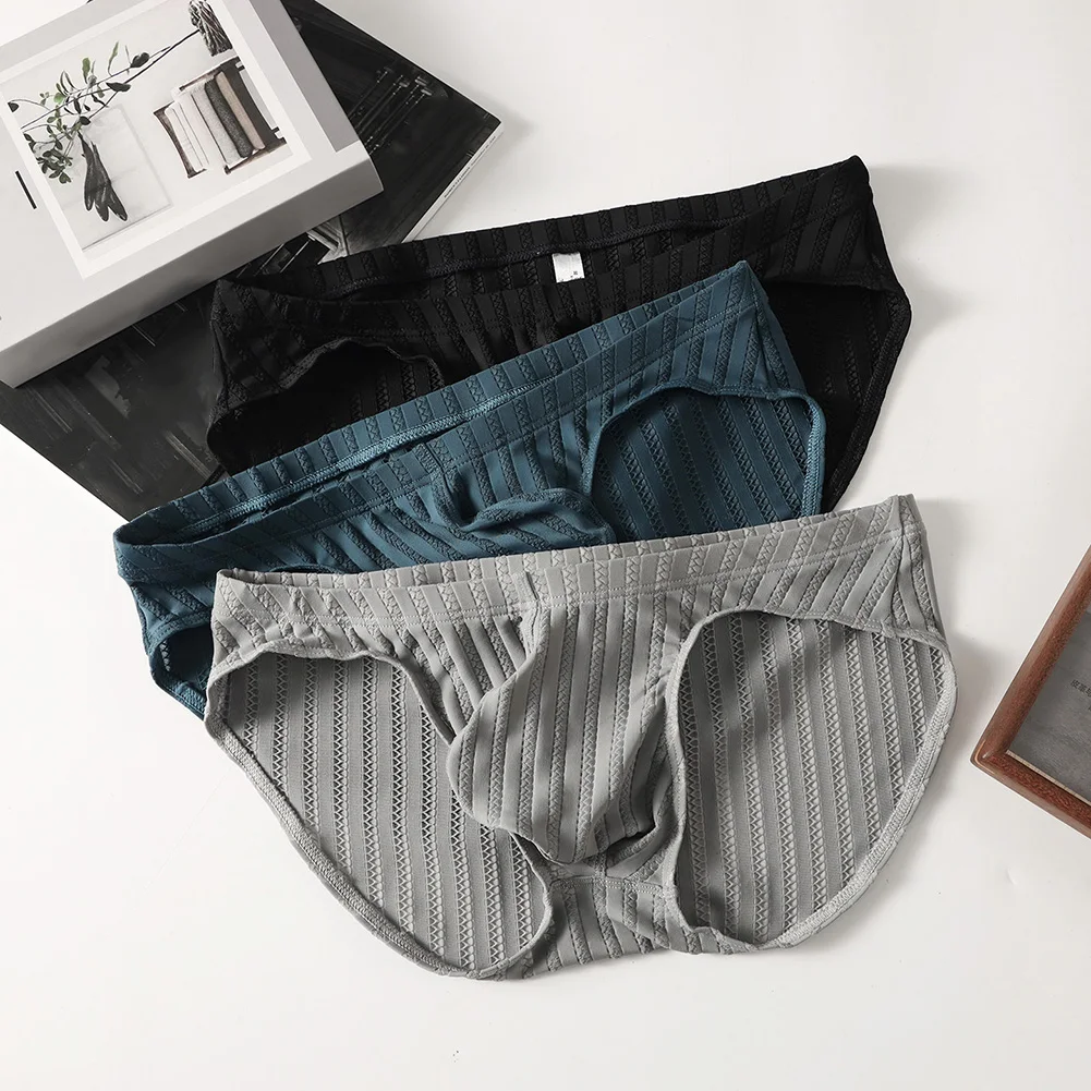 Men Striped Mesh Lingerie Ice Silk Briefs Couple Life Underwear Breathable Underpants Low Rise Hip Wrap Extreme Men's Panties