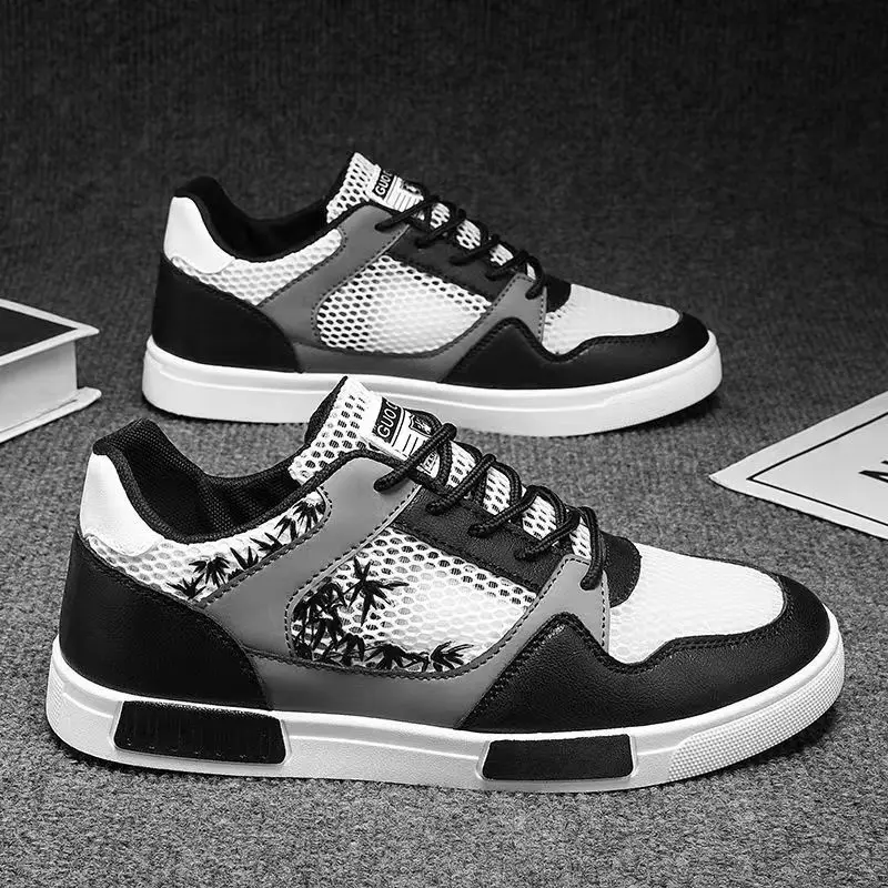 

Men's Summer New Mesh Print Casual Board Shoes Thick Sole Non Slip Breathable Round Toe Lace Up Fashionable Casual Sneakers