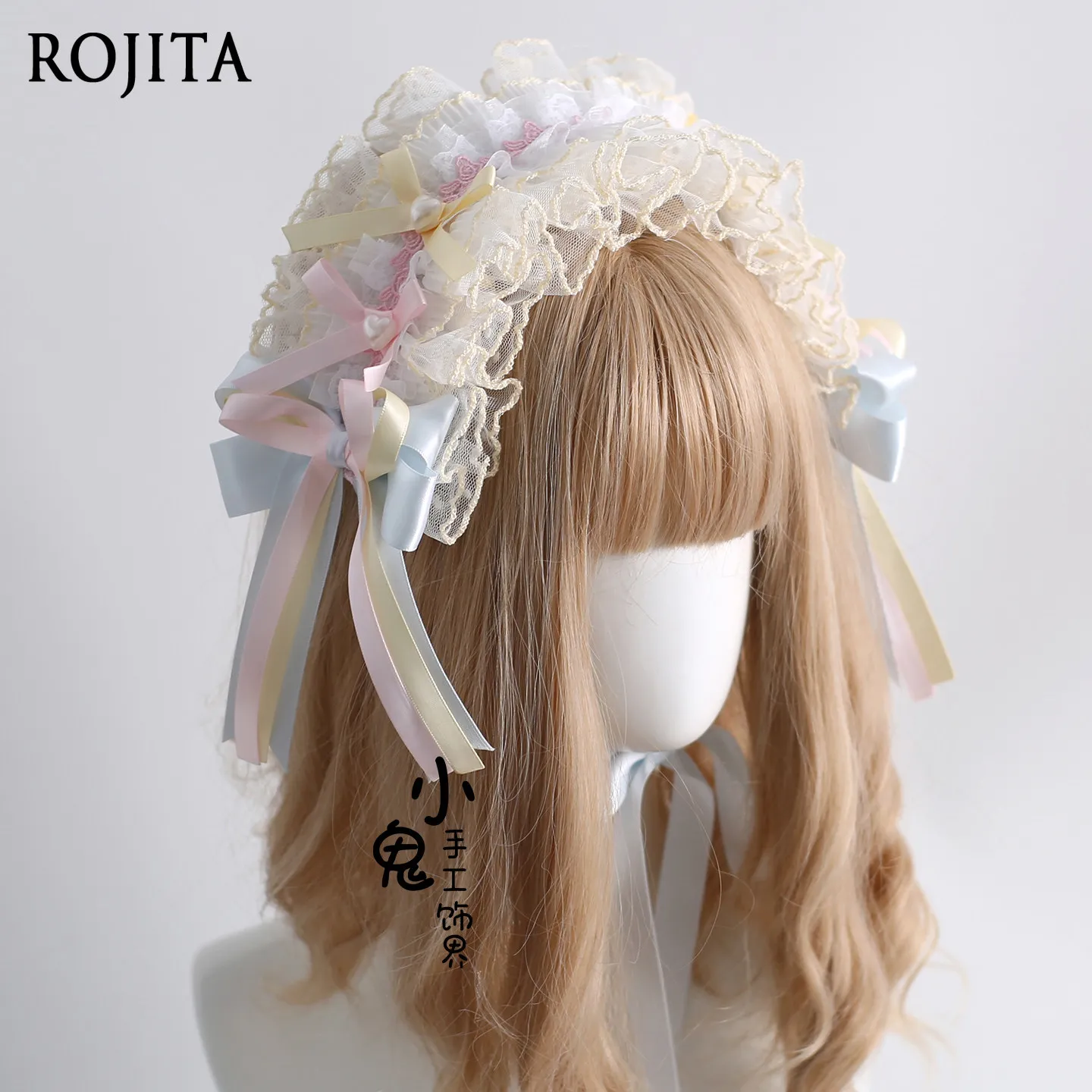 

Sweet Pastel Lolita Mini Hat Lace Frill Bow Hair Accessory with Long Ribbon Tassels Headdress Trim Hair Band for Sweet Lolita