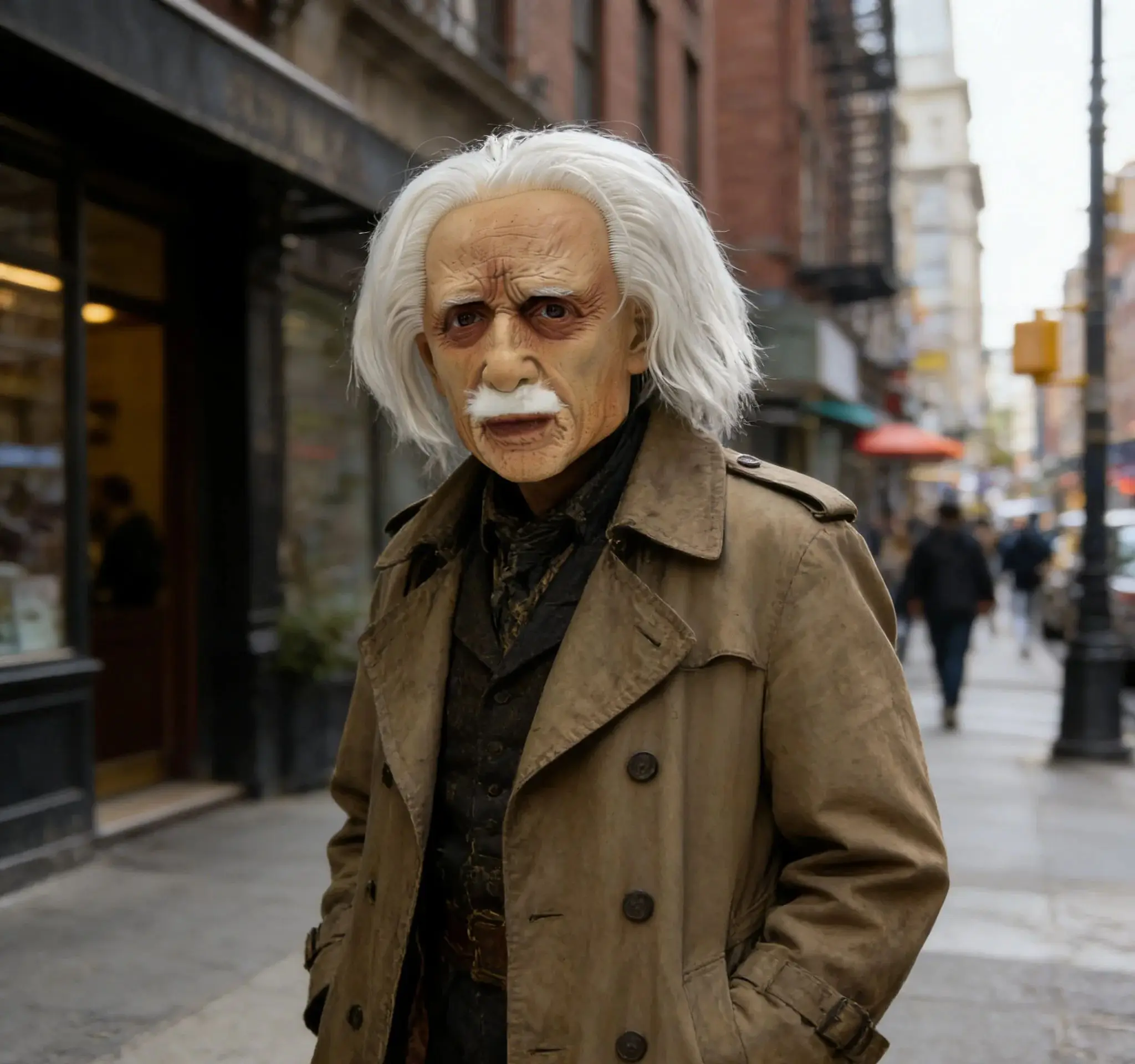 Máscara Icônica de Cosplay Estilo Einstein – Pele Realista com Rugas, Cabelos Brancos e Pelos Faciais – Perfeita para Eventos com Tema Científico