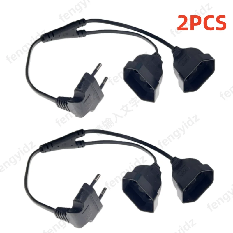 2PCS CEE7/16 EU 90-degree male plug to female socket dual output power extension cord 3-way socket 2-pin flat plug 250V