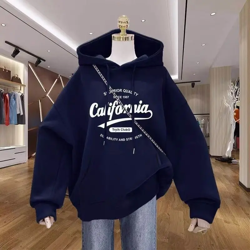 

Maillard autumn navy blue hooded sweater women's new velvet design sense niche printed jacket