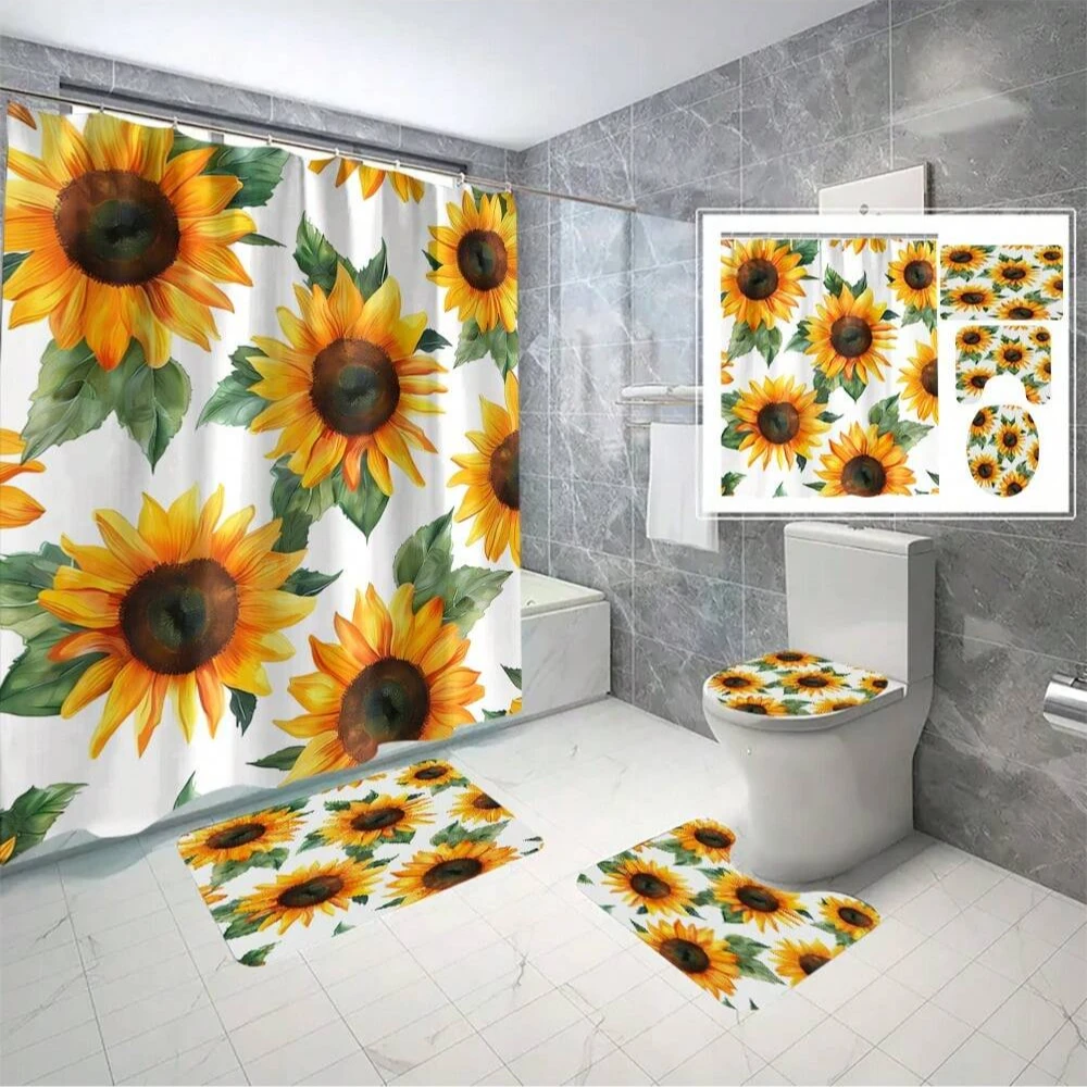 Floral Pattern Shower Curtain Set, Includes Toilet Lid Cover, U-Shape Rug, Waterproof Bathtub Curtain, Bathroom Accessories