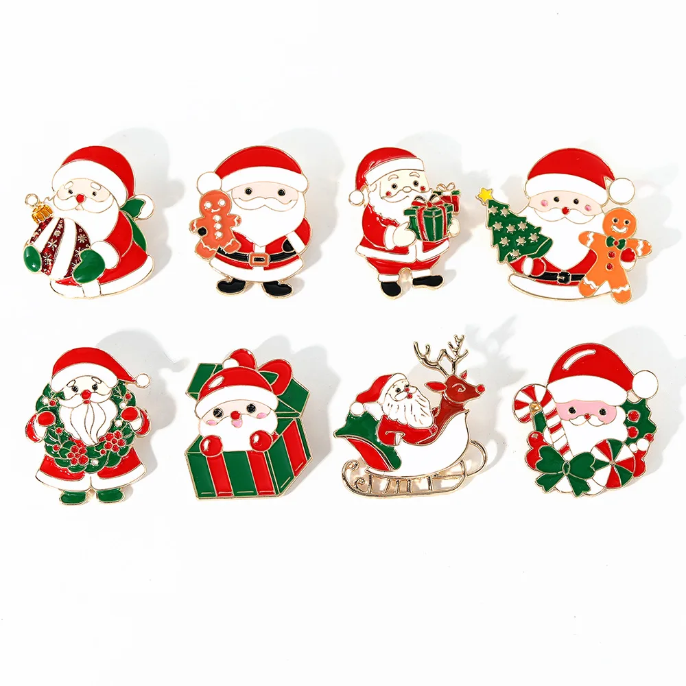 Cartoon Santa Claus and Gifts Christmas Tree Crutch Pins Metel Badges Brooch for Women Backpack Jewelry Accessory Xmas Gift