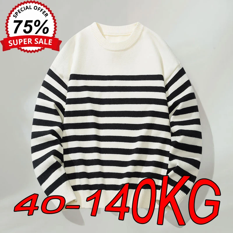 7XL Men's Round Neck Sweaters Autumn Winter New Korean Version of The Trend of Loose Tops Big Size Keep Warm Striped Pullovers