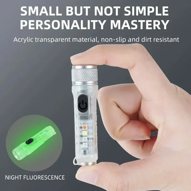 Mini LED Flashlight Type-C Waterproof Light Multi-Mode Flashlight Fluorescent Shell Clip Warning Lights Magnetic Key Chain Light