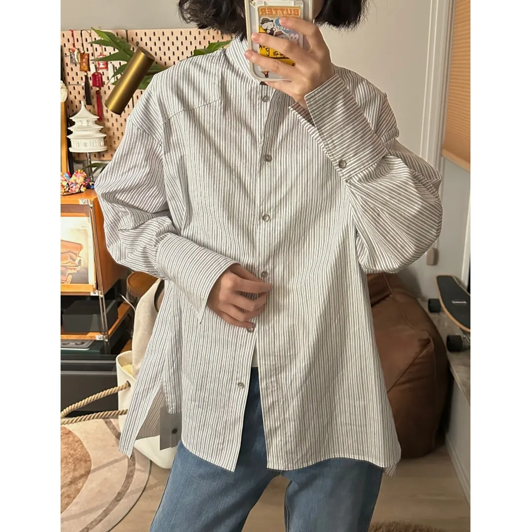 

Hua Ji Yan New Chinese Sle mat Zhongan Collar Striped irt Loose Fit Pure Cotton Women's Faion Autumn 2025