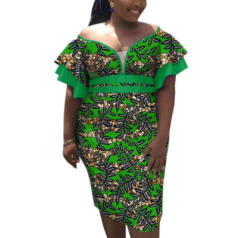 

African Clothes Ankara Print Bodycon Dress Women`s Dresses Elegant Strapless Off Shoulder High Waist Elegant Lace Midi Dress