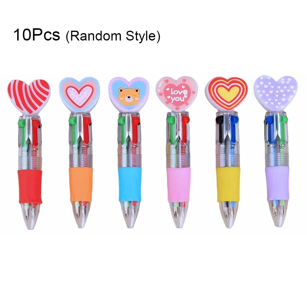 

10Pcs Four Color Colorful Ballpoint Pen Press Type Heart Shaped Press Multicolor Pen Writing Stationery Random Style