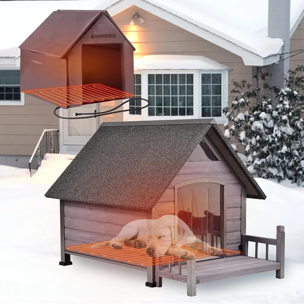 

Outdoor Heated Dog House Insulated Dog Kennel with All-Around Metal Frame, Weatherproof Anti-Bite Dog Shelter with Por