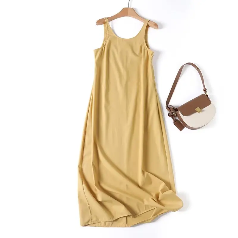 

Jenny&Dave French Cotton Linen Yellow Sleeveless Dress Minimalist Ladies Summer Vacation Midi Dress Women Tank Dress