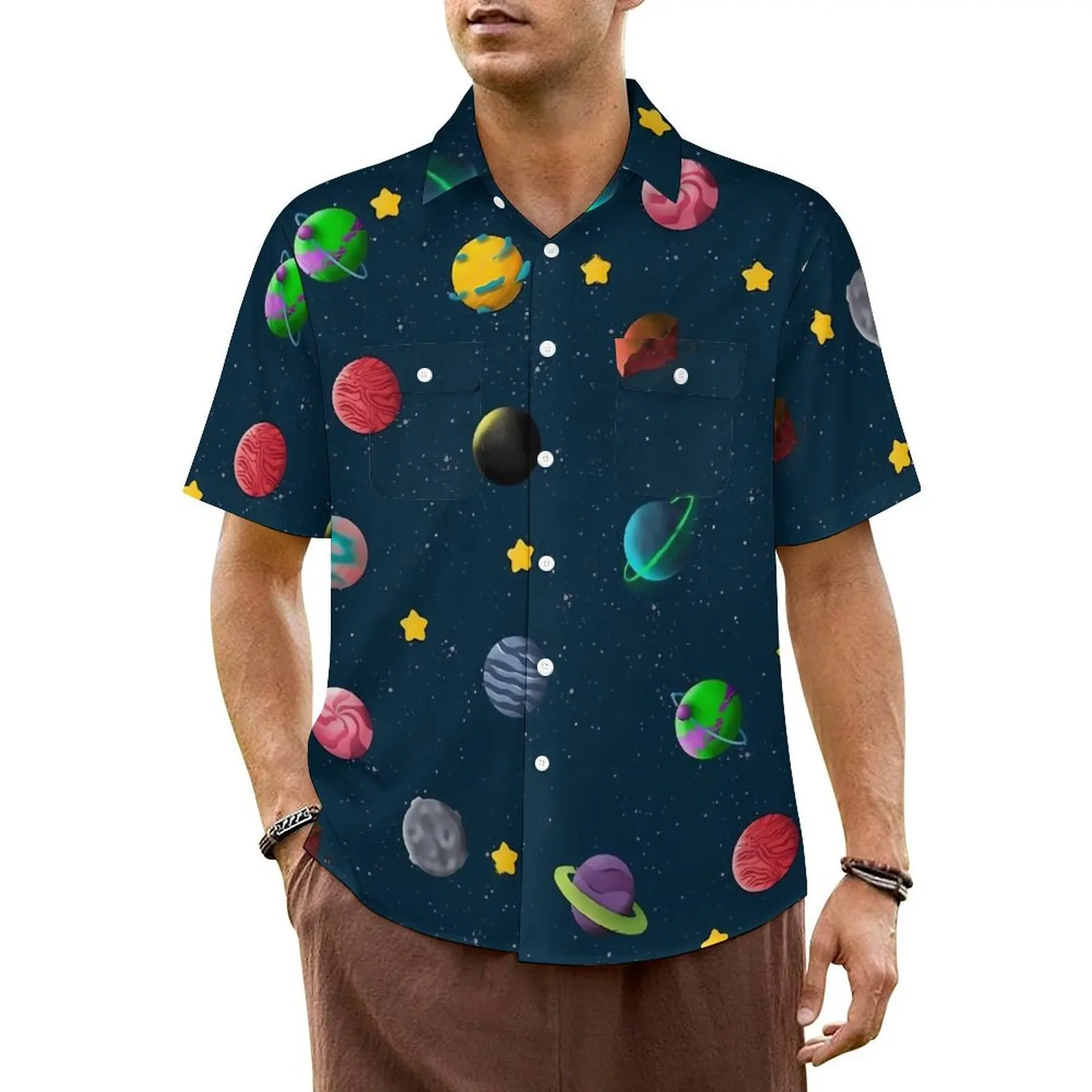 

Гавайская рубашка для отпуска, специфические блузки с космическим принтом, Свободные повседневные рубашки с маленькими планетами, Мужской Топ большого размера в стиле Харадзюку с короткими рукавами