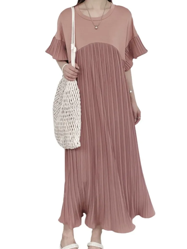 فستان صيفي بطيات مقاس كبير فستان نسائي كوري أنيق فستان فضفاض من Vestidos رداء Elbise فساتين للسيدات فساتين مرقعة