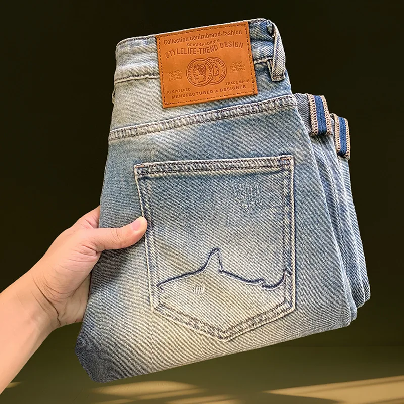 

2025 summer new slim fit jeans men's small straight leg trendy brand high-end retro distressed pants