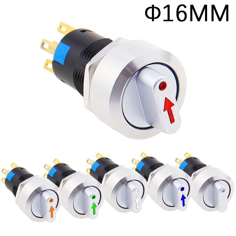 16mm Metal Rotary Selector Switch 2 3 Position On Off 12V Led Red Green Stainless Steel Push Button Switch 1NO1NC Latching SPDT