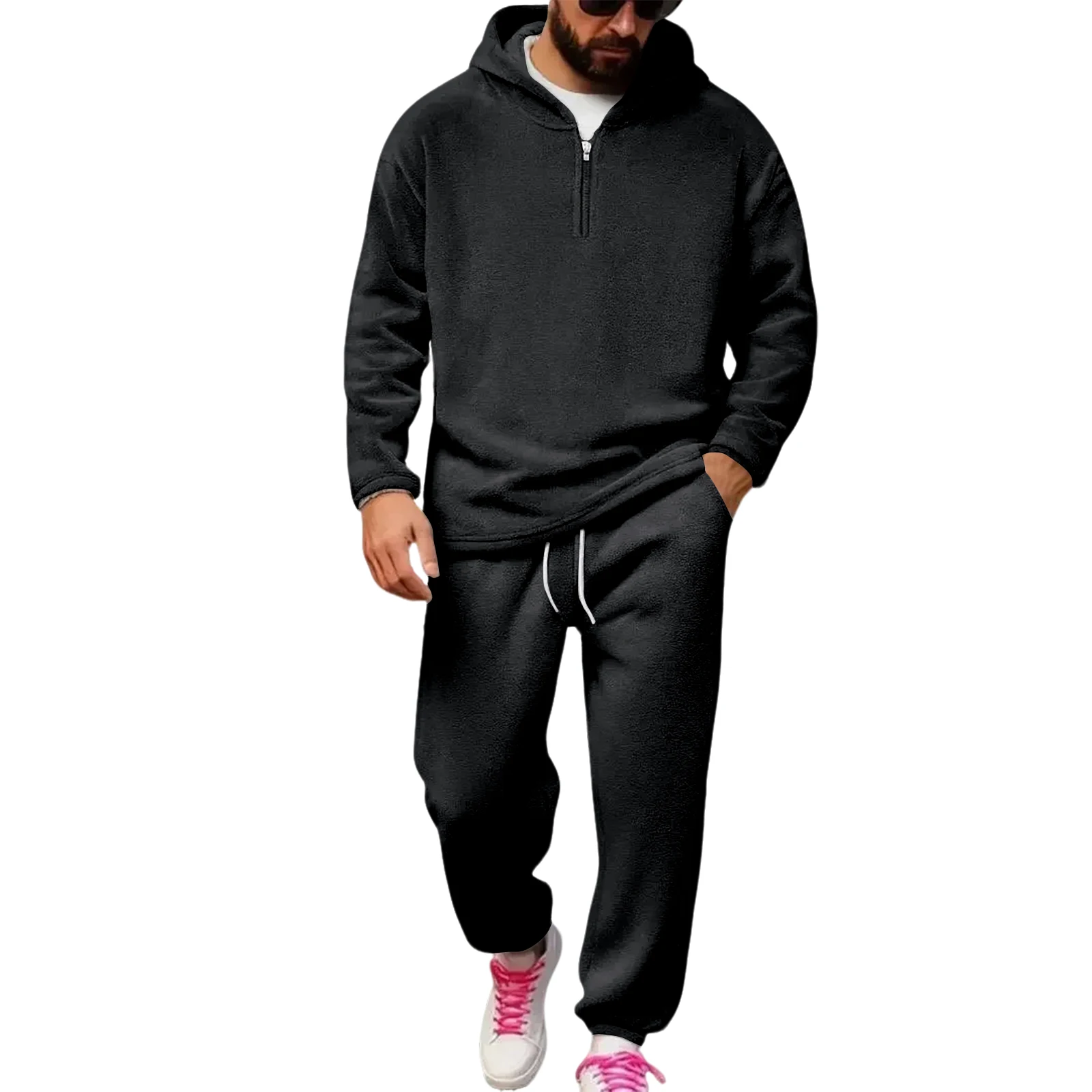 Felpa con cappuccio calda moda uomo Pantaloni sportivi in lana tinta unita Sport Casual Set in due pezzi Stampa calda autunno e inverno da uomo