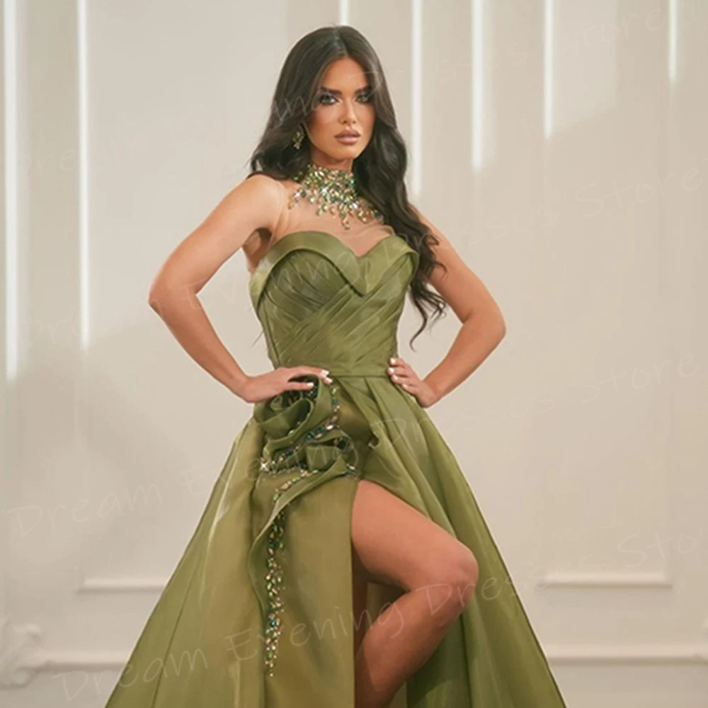 Elegante y Popular vestido de noche verde para mujer, cuello alto, Vestidos de graduación con cuentas, Vestidos de fiesta sexys con abertura lateral alta