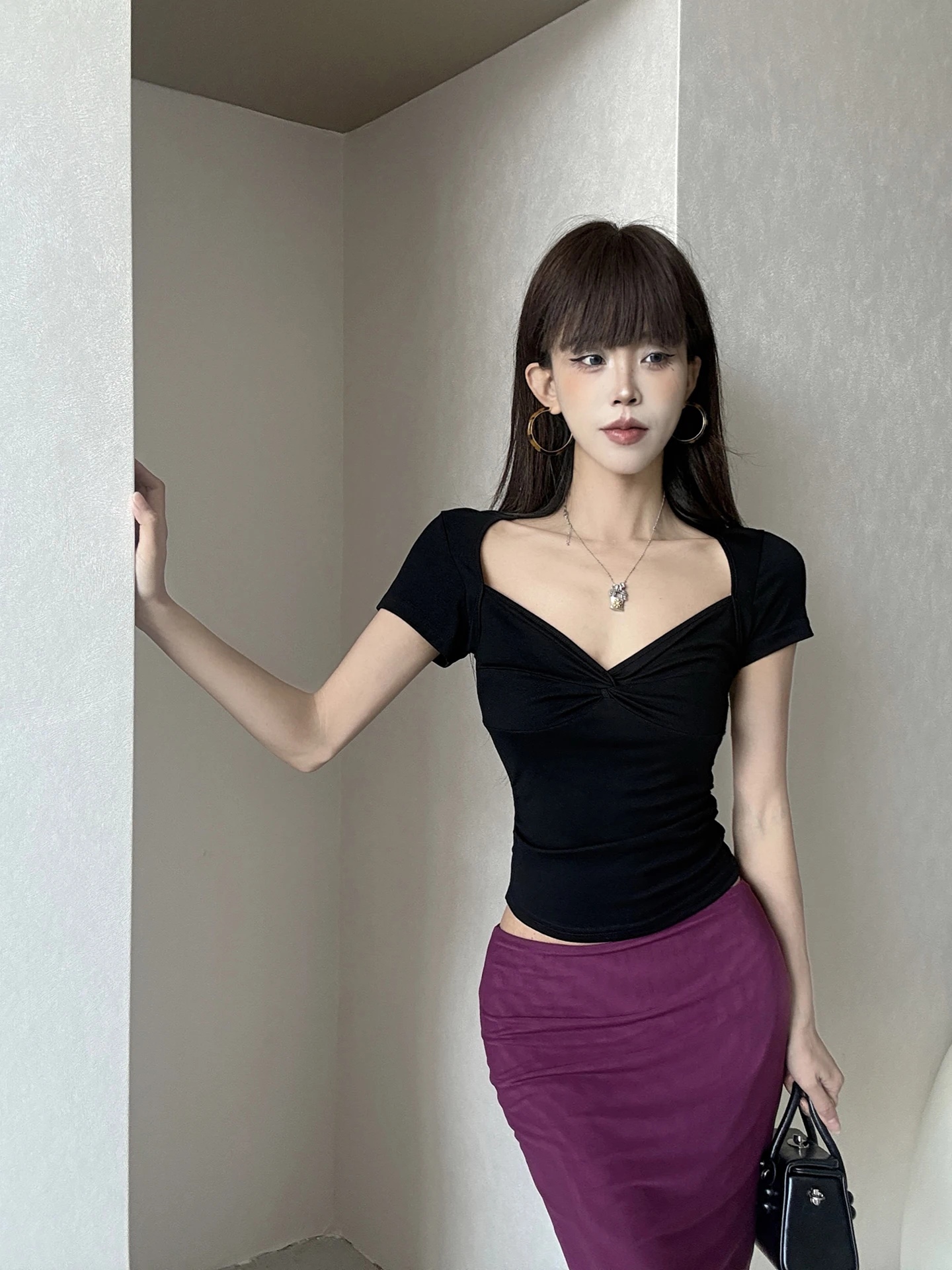 MianCun Pure Desire Twist Design Square Collar Short Sleeve T-Shirt Women Slimming Waist High Waist American Style Cotton Blend