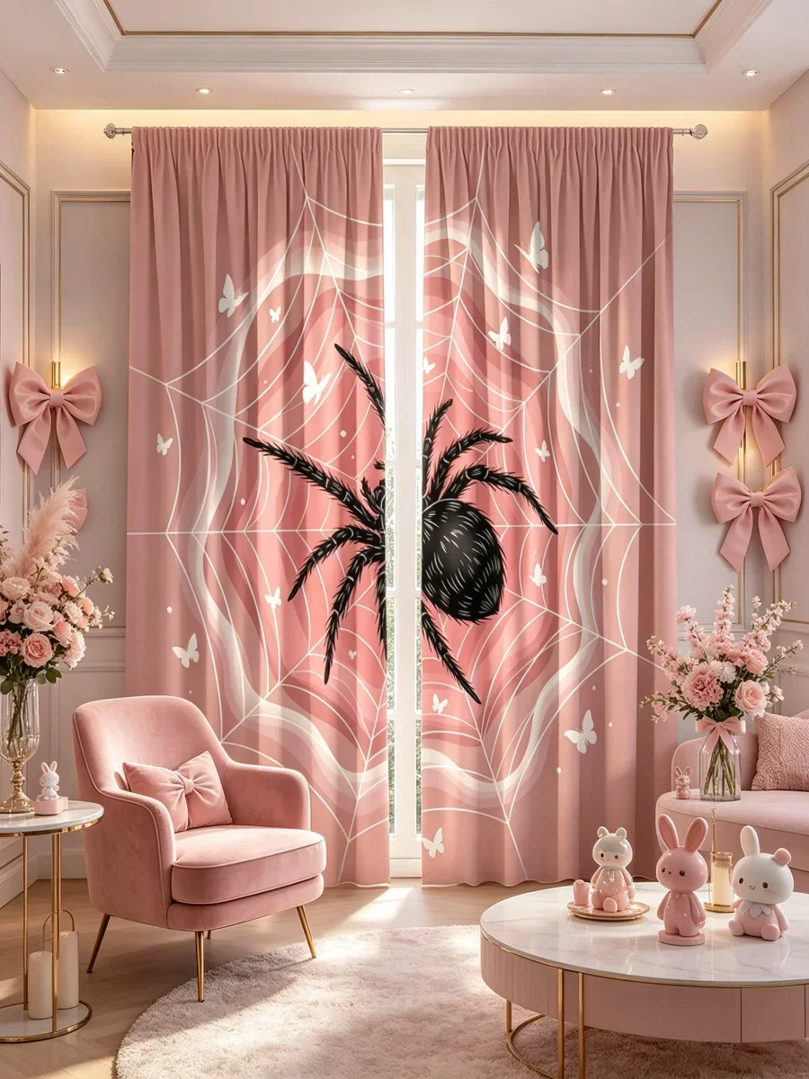 Large Spider Web Print Curtains Pink Living Room Window Drapes Sheer Light Filtering Home Decor