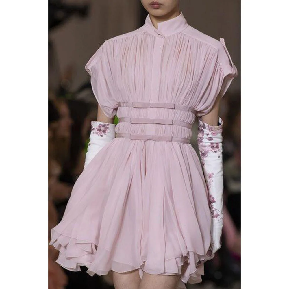 Pink Short Dresses High Neck Short Sleeves High Quality A Line Chiffon Banquet Celebrity Prom Party Female Gowns Simple