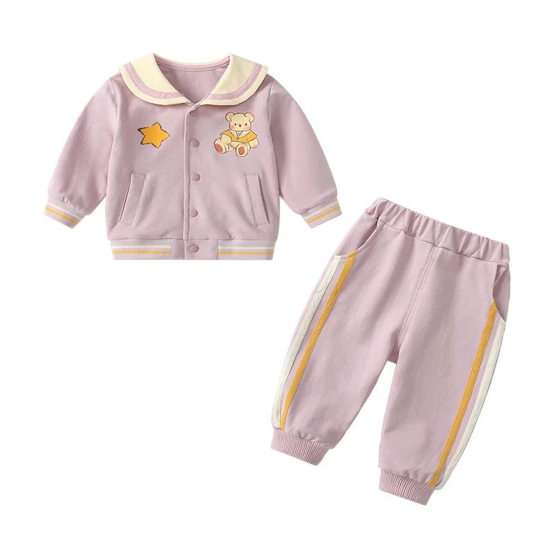 

Baby Girl Clothes Turn-Down Collar Sweatshirt Pants Two-Piece Sets Korean Style Star Bear Outdoor Sports Children's Clothing