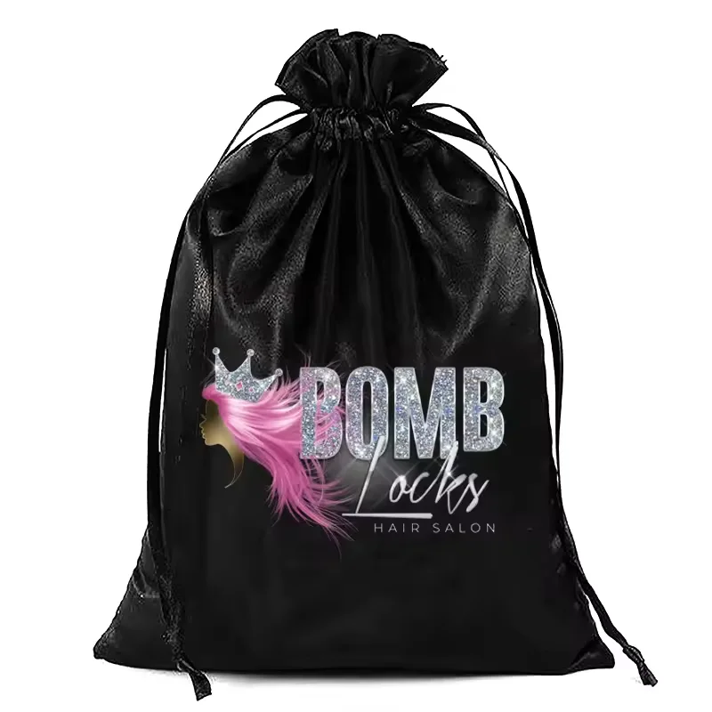 300pcs/Lot Wholesale Custom Logo Printed Satin Drawstring Bag for Packaging Hair Extensions Bundles Wigs Soft Silk Pouches