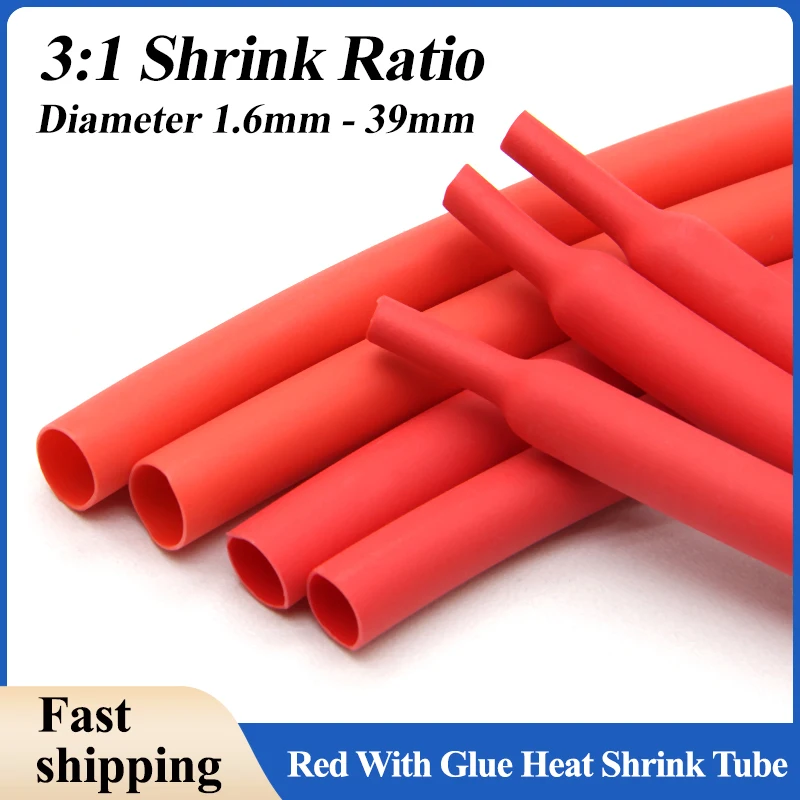 3:1 Red With Glue Heat Shrink Tube Dual Wall Tubing 1.6mm ~ 39mm Diameter Polyolefin Insulated Adhesive Lined Shrink Wrap Sleeve