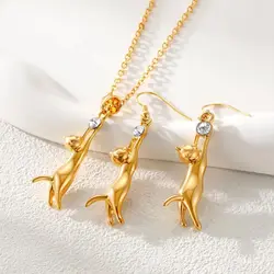 U7 Cat Necklace Earring Set for Woman 14K Gold Color Cute Pet Cat Chasing Ball CZ Jewelry Set for Her Gift for Cat Person