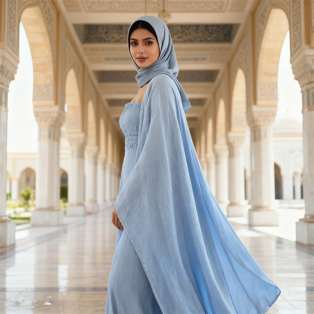 

Ramadan Two Piece Modest Abaya Dress Set for Muslim Women Middle Eastern Arabic Islamic Turkish Kaftan Robe Kimono Jalabiya Gown