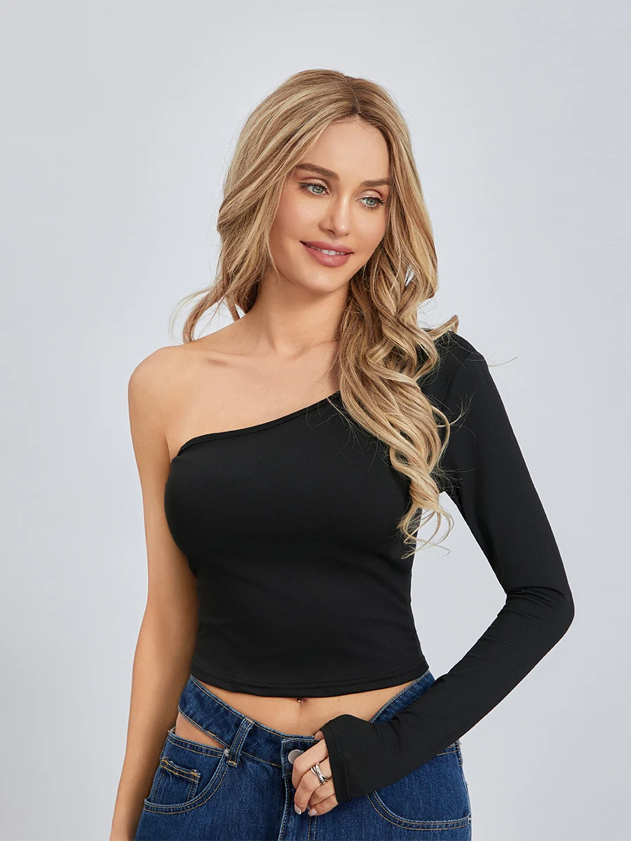 Women Acute Slim Cropped Tops Solid Color One Shoulder Show Navel T-Shirt Clubwear For Spring Summer Hot Sale