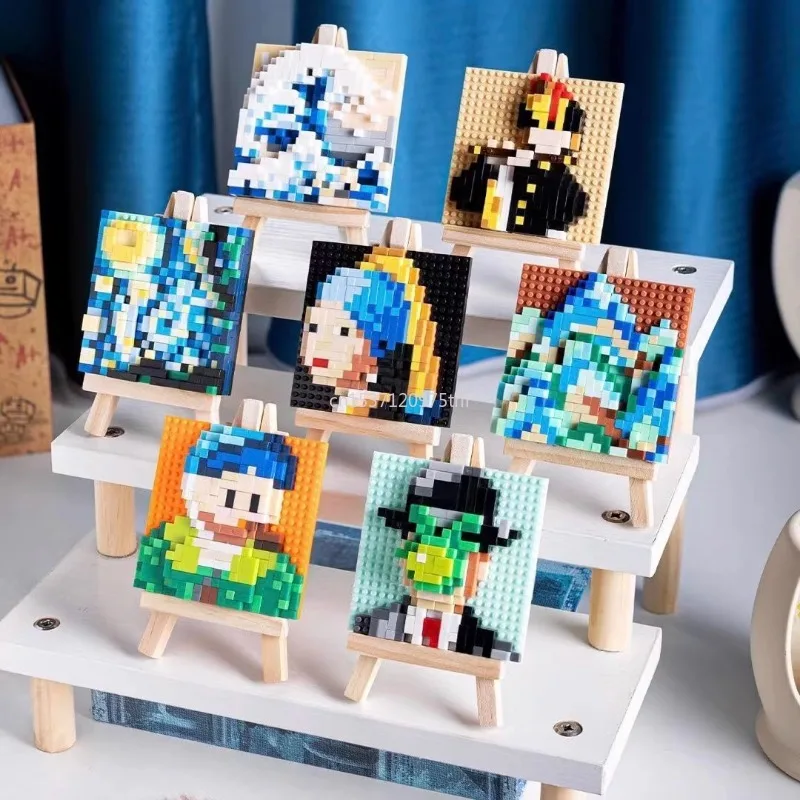 3D Pixel seni terkenal lukisan blok bangunan kreatif Van Gogh langit berbintang blok mikro mainan DIY hadiah anak-anak Dekorasi Rumah