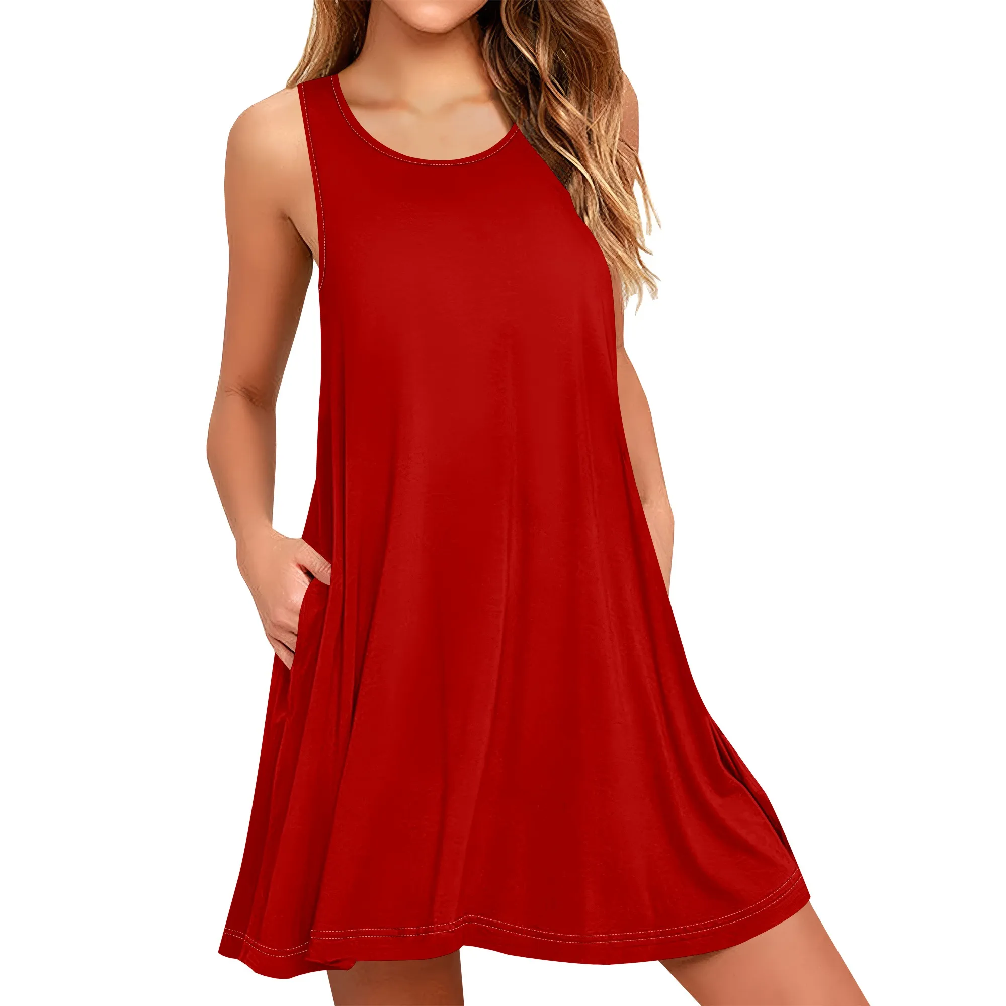 

Women's Summer T-Shirt Midi Dress Sleeveless Beach Solid Color Dresses Tunic Swing Casual Loose Sundress with Pockets