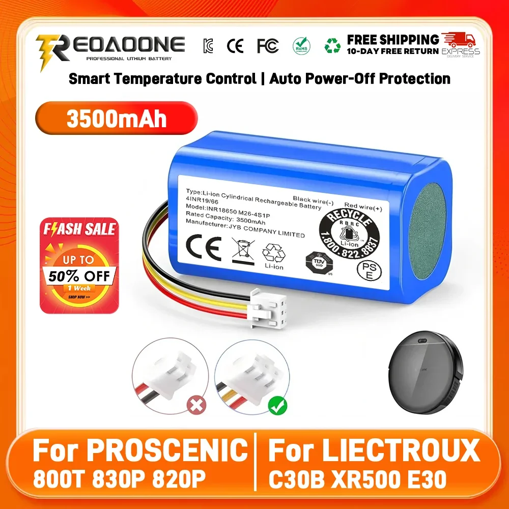 

14.4V/14.8V 3.5Ah 18650 li-ion battery For PROSCENIC 800T 830P 820P 820T 820S For LIECTROUX C30B XR500 E30 Robot Vacuum Cleaner