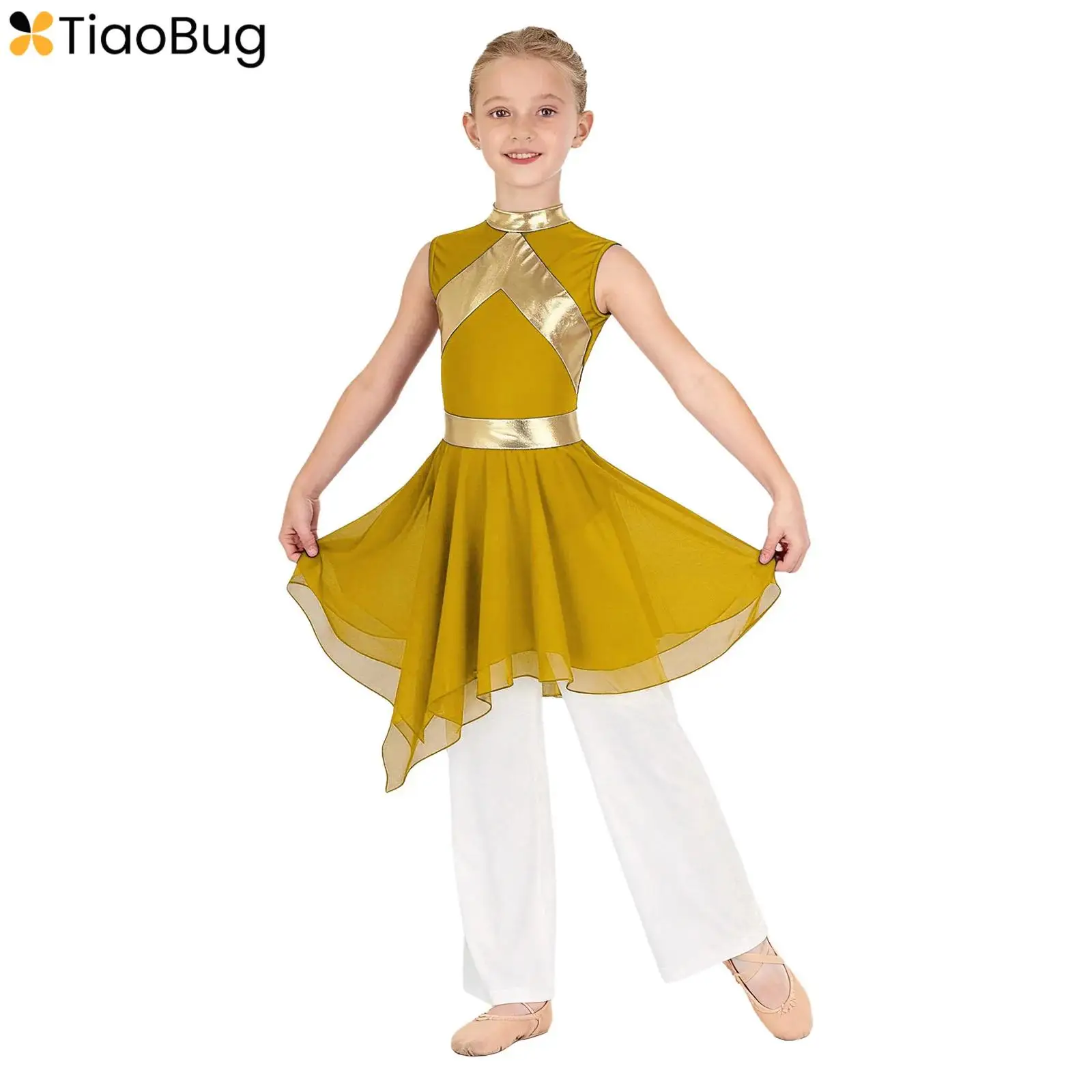 

2Pcs/Set Kids Girls Liturgical Praise Dance Dress Robe Sleeveless Metallic Contrast Color Asymmetrical Hem Dress+Wide-Leg Pants
